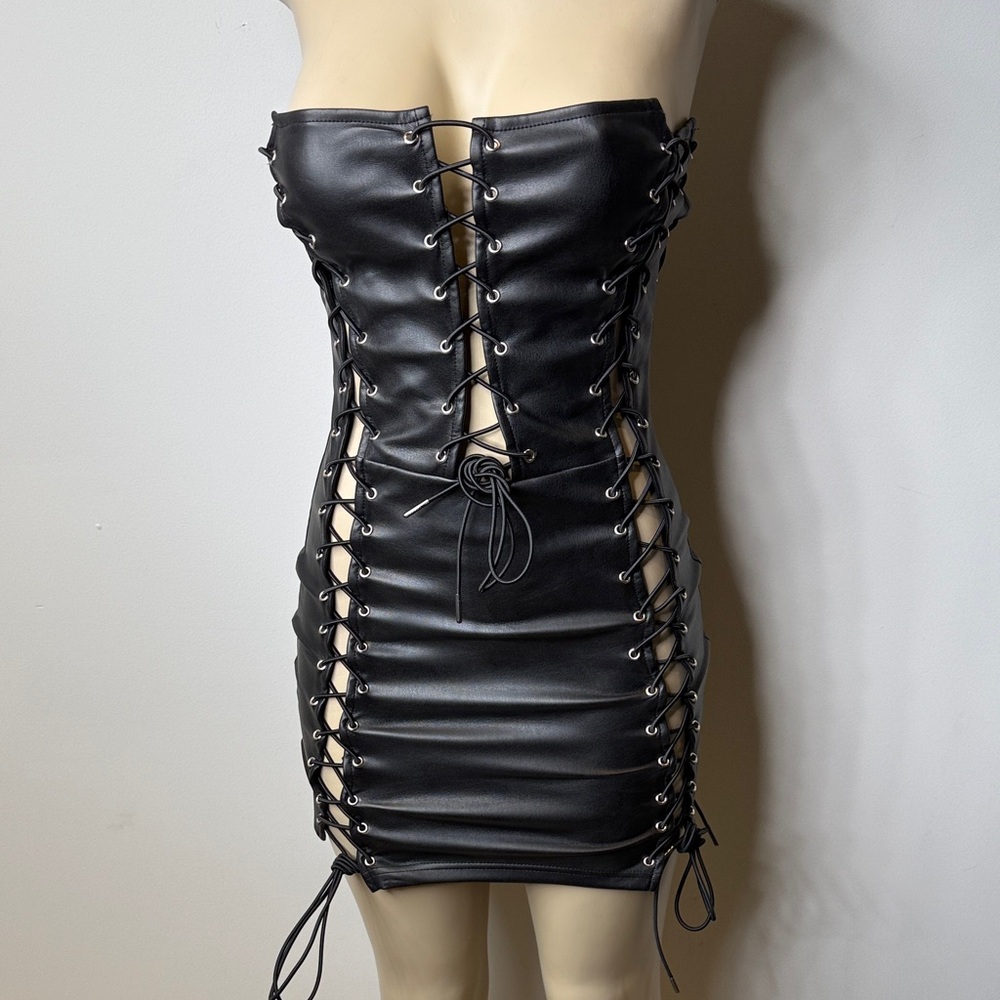 Strapless Black Faux Leather Lace-Up Mini Dress NWOT